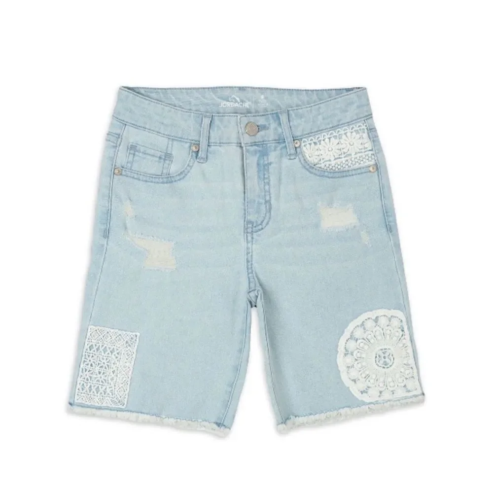 Girls Sleeveless Woven Tank Top & Crochet Denim Bermuda Shorts 2-Piece Set